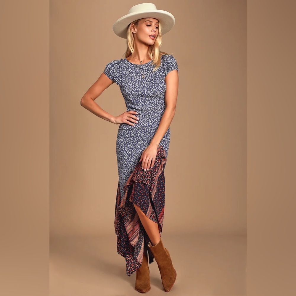 Free People Aurelia Navy Blue Floral Print Backless Maxi Dress NWOT
